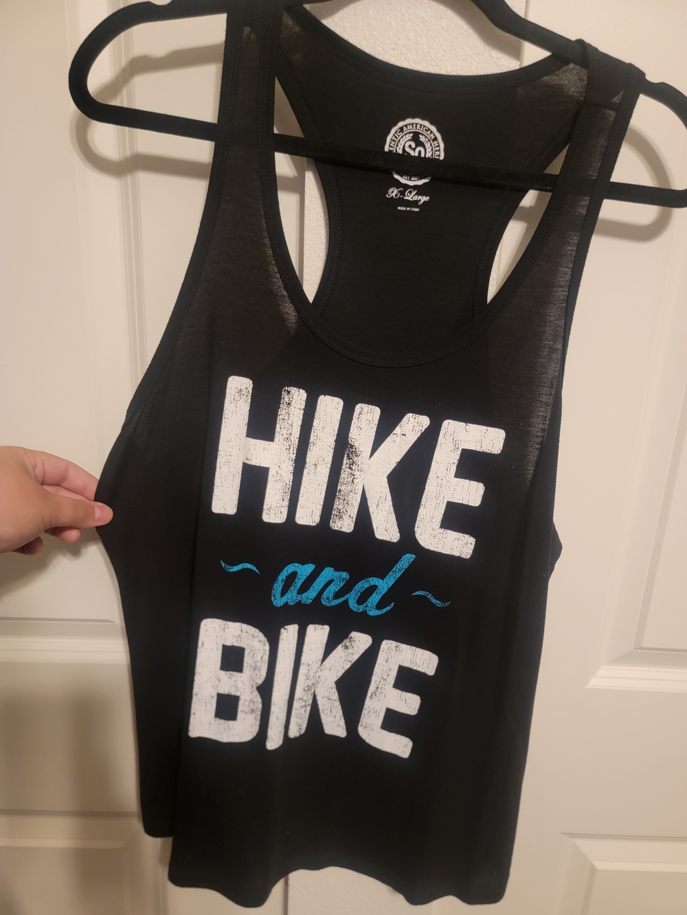 SO Black Muscle Tank "Hike and Bike" with White and Teal Print